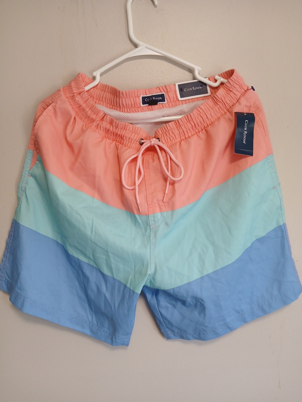 Club Room Men's Colorblock Swim Shorts in Coral, Mint & Sky Blue
